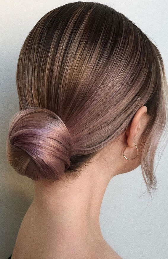 Sophisticated updos for any occasion – Low bun for lavender hair colour