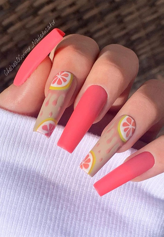 The Prettiest Summer Nail Designs We’ve Saved : Juicy Fruity & Coral Pink Nails