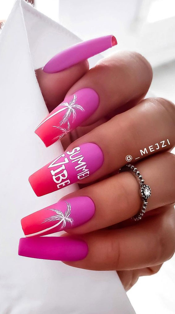 ombre pink tropical nails, tropical nails, cute summer nails, summer nail designs, summer nails, nail art designs, nail designs 2021, summer nails 2021 #nailart #naildesigns