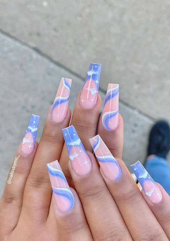 The Prettiest Summer Nail Designs We’ve Saved : Cloud & Swirl Coffin Nails