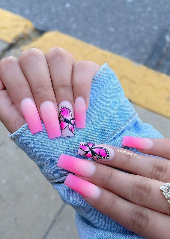 The Prettiest Summer Nail Designs We’ve Saved : Ombre bright pink & butterfly nails