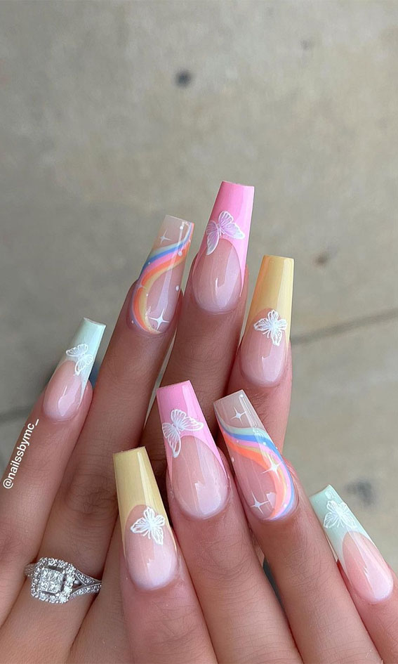 The Prettiest Summer Nail Designs We’ve Saved : Pastel French Tips & butterfly coffin nails