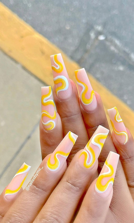 The Prettiest Summer Nail Designs We've Saved : Yellow Swirl Nails