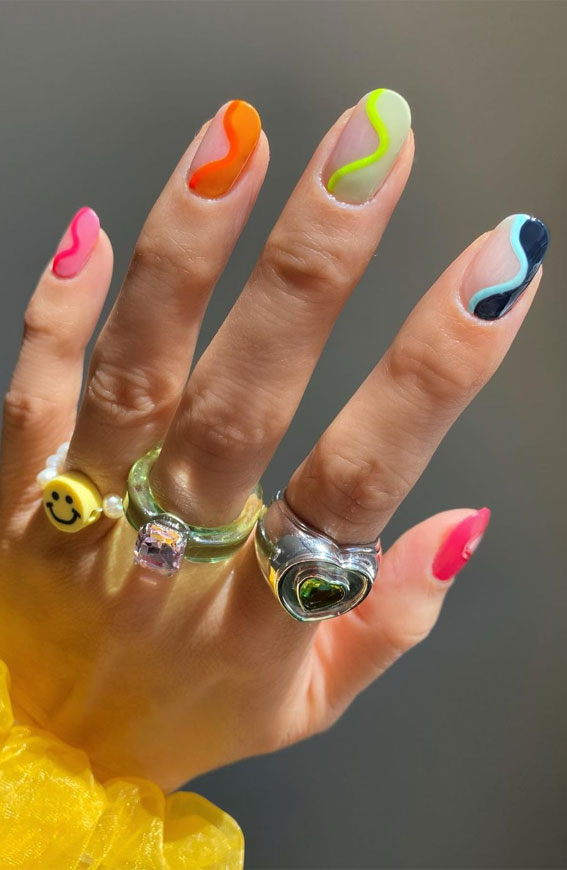 summer nails, colorful nail art designs, swirl nails, retro nail art designs, nail art designs 2021, summer bright nails, coffin nail art designs #nailart #naildesigns