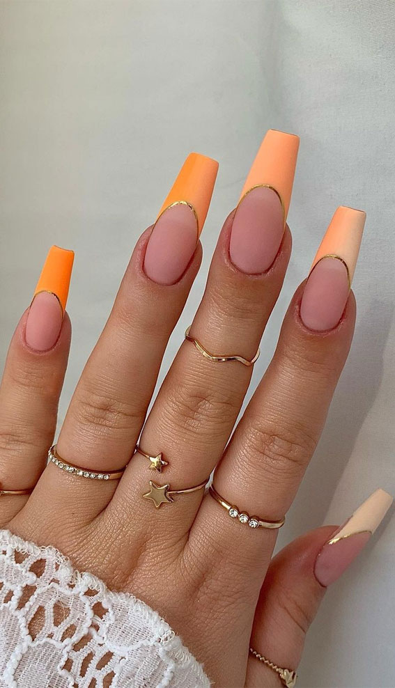 ombre orange nail tips, coffin nails, cute summer nails, summer nail designs, summer nails, nail art designs, nail designs 2021, summer nails 2021 #nailart #naildesigns