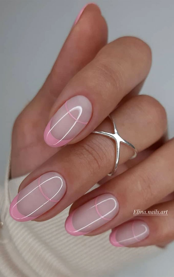 baby pink french tips, round shaped nails, simple nail art designs, pink french tip nail art design