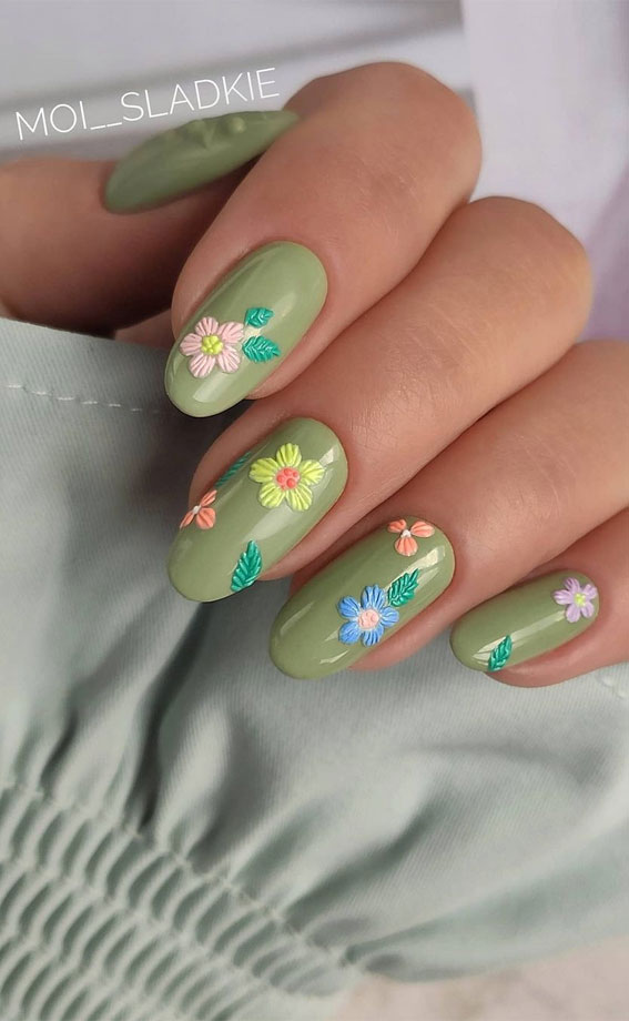 The Prettiest Summer Nail Designs We’ve Saved : Mixed Colourful Flowers on Green Nails