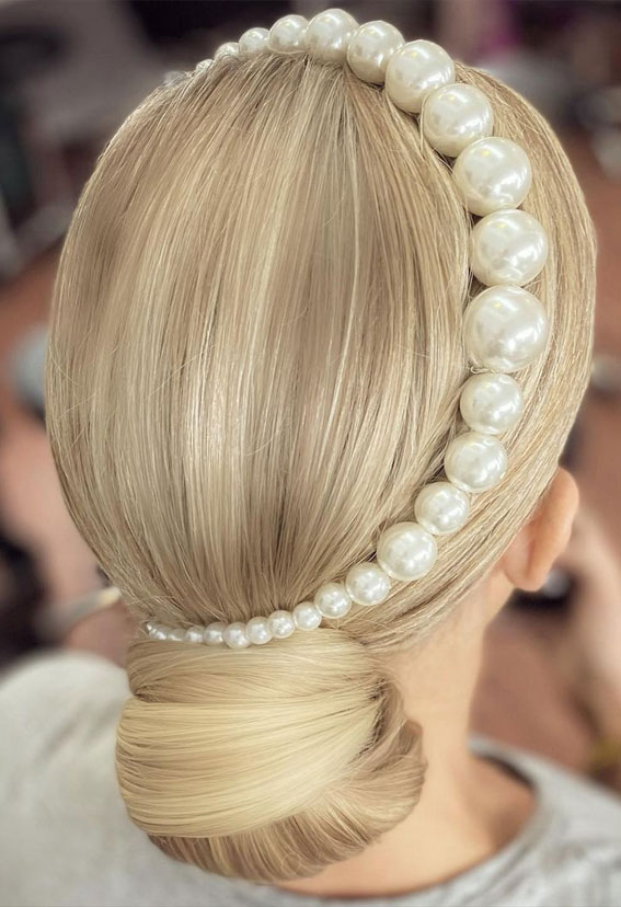 75 Trendiest Updo Hairstyles 2021 : Sleek Low Bun with Pearl Hair Ban