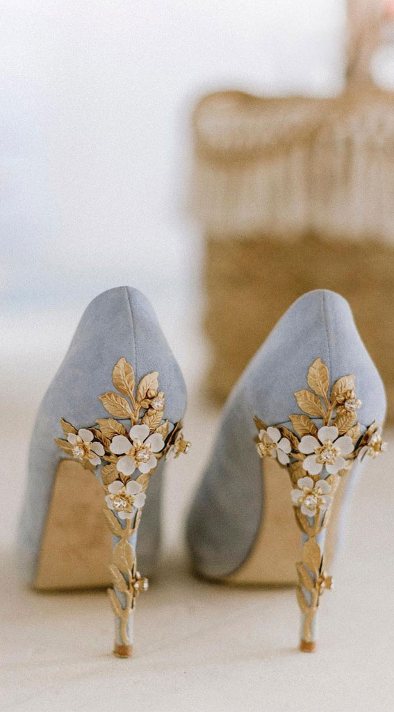 blue embellished blossom bridal heels, blue wedding shoes, bridal shoes, flat heels, flat sandals, wedding shoes, embellished shoes, wedding heels, pearl bridal shoes, summer flat shoes, elegant flat shoes #shoes #weddingshoes #bridalheels