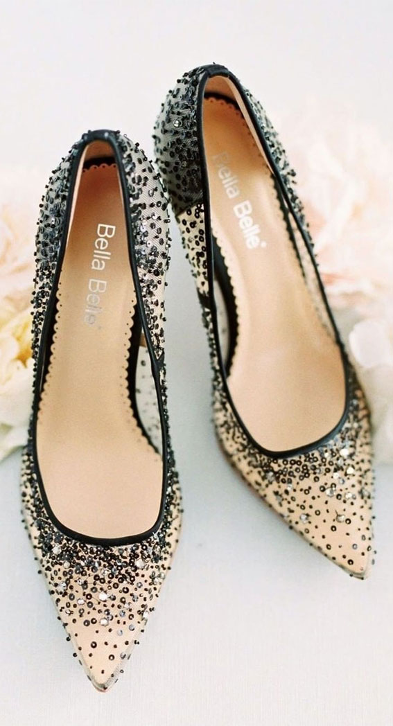 59 High fashion wedding shoes that will never go out of style : Black Sequin Heels