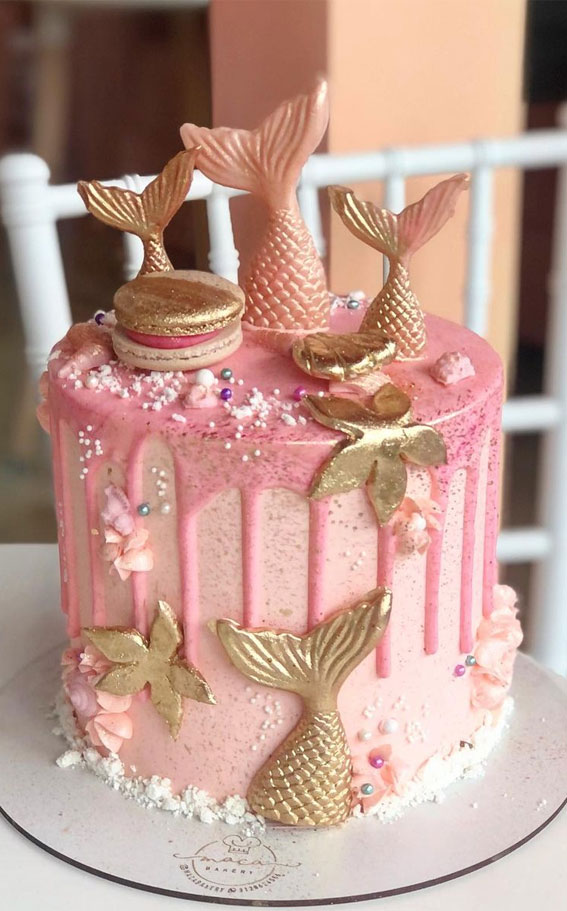 37 Best kids Birthday Cake Ideas : Gold and Pink Mermaid Cake