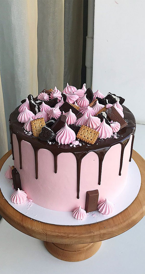 37 Best kids Birthday Cake Ideas : Pink Cake with Chocolate drip & Meringues