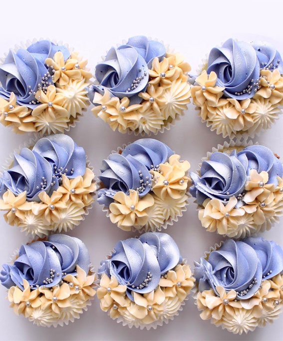 Cupcake Ideas Almost Too Cute to Eat : Blue & Ivory Cupcakes with Silver Balls
