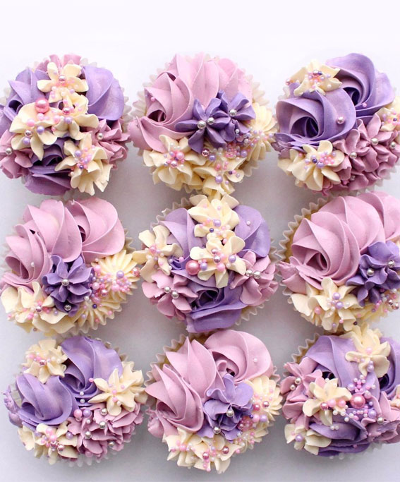 Cupcake Ideas Almost Too Cute to Eat : Sweet ivory pink, purple cupcakes
