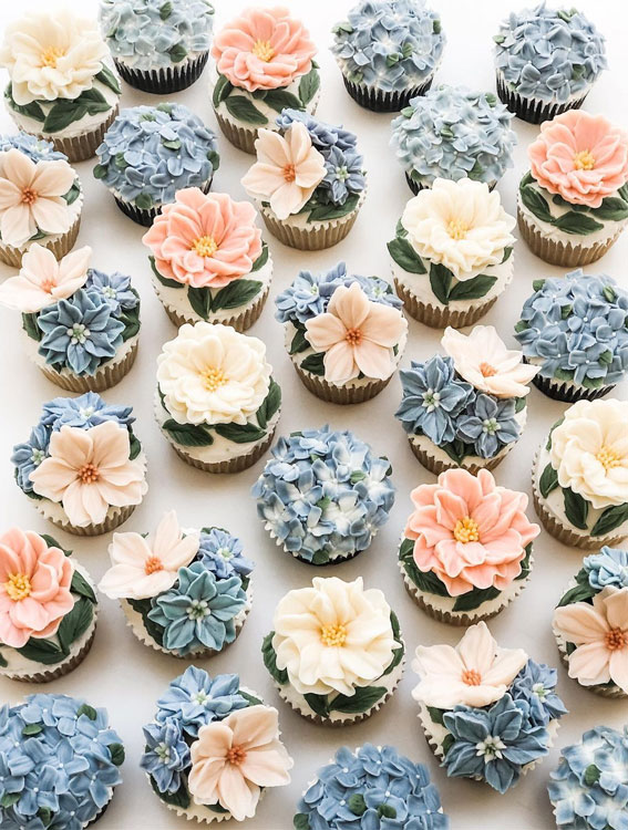 Cupcake Ideas Almost Too Cute to Eat : Mixed Floral Cupcakes for Bridal Shower