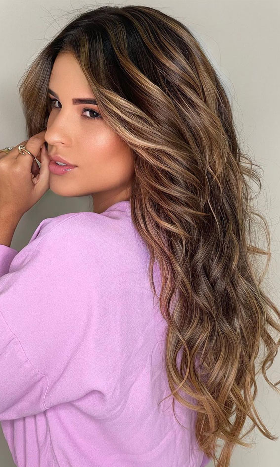Best Brown Hair Colour Ideas with Highlights and Lowlights : Glam Brown Hair Colour with Highlights