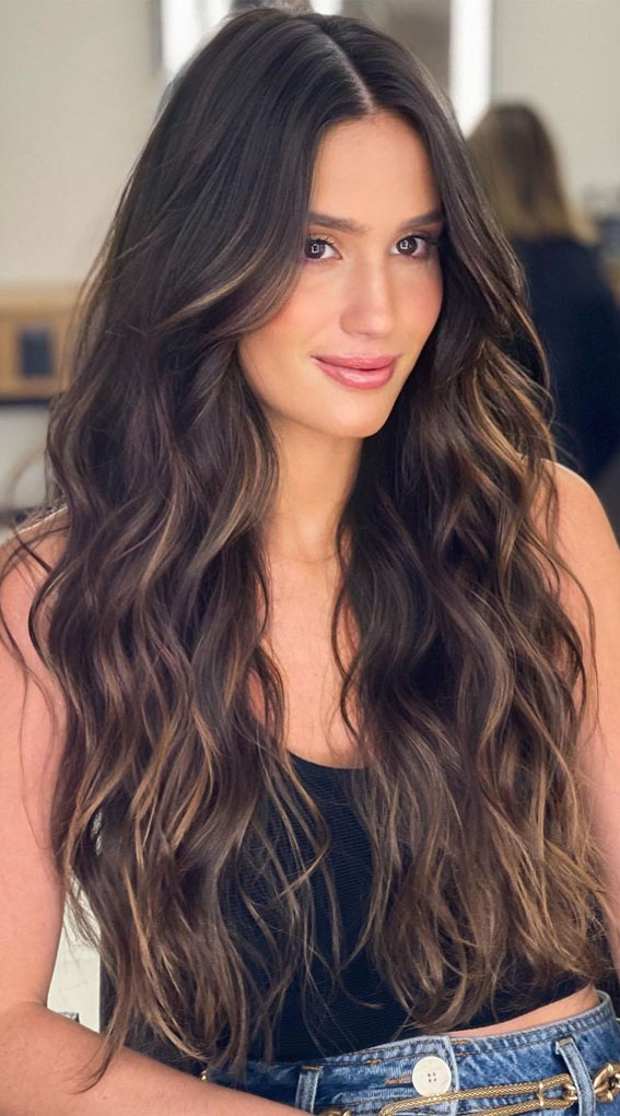 Best Brown Hair Colour Ideas with Highlights and Lowlights : Dark Chocolate  Long Hair Beauty