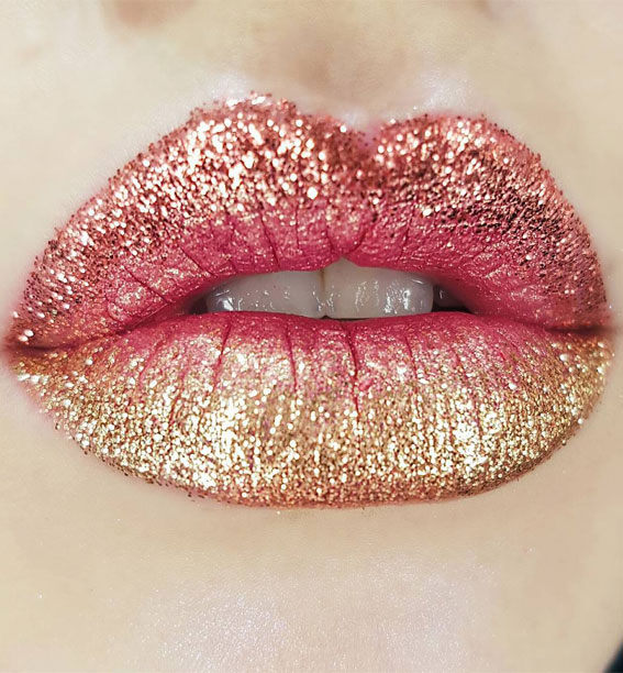 rose and gold glitter lip makeup, lips makeup, lip aesthetic, lip makeup ideas, lip makeup images, pink lips, pink lip makeup, glossy lips, glossy lip makeup products #lipmakeup