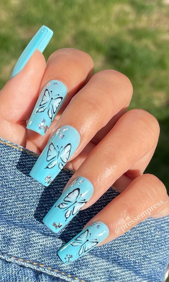 summer nails, butterfly blue nails, nail art designs, coffin blue nails, coffin acrylic blue nails, acrylic nails, nail art designs 2021 #nailart #summernails