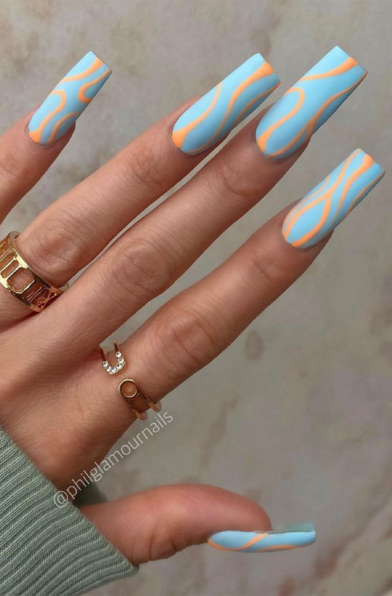 Best Summer Nails 2021 To Rock Your Look : Peach & Blue Retro Nails