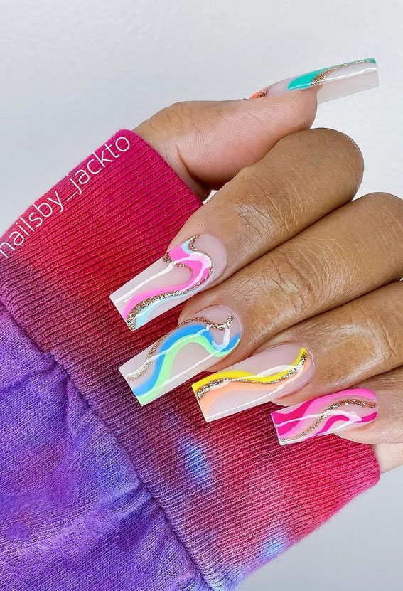 Best Summer Nails 2021 To Rock Your Look Colorful wave retro nails