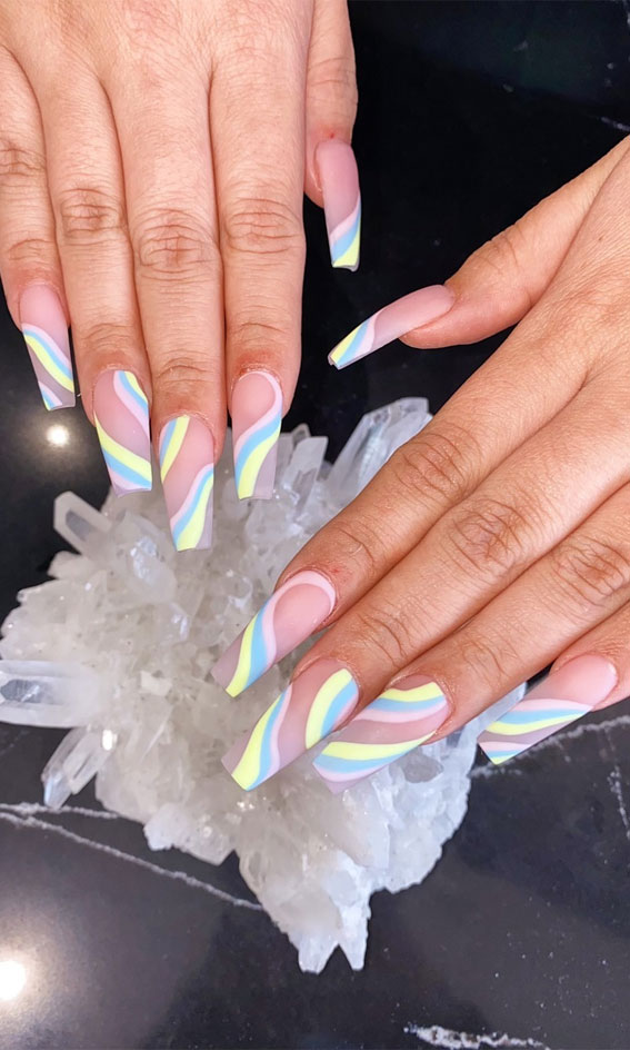 Best Summer Nails 2021 To Rock Your Look : Blue and Yellow Wave Coffin Nails