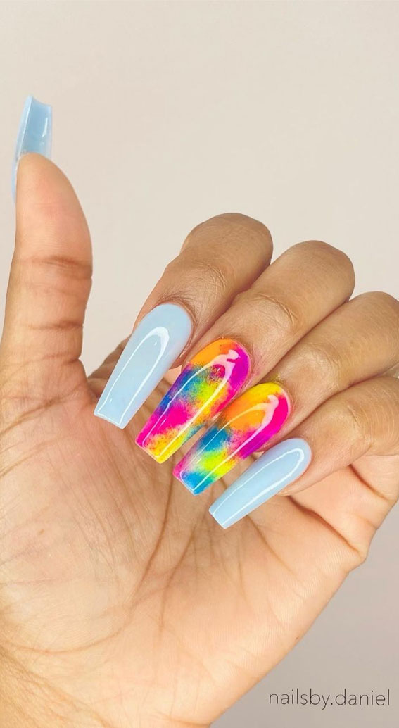 Best Summer Nails 2021 To Rock Your Look : Baby Blue & Colorful Tie Dye Nails