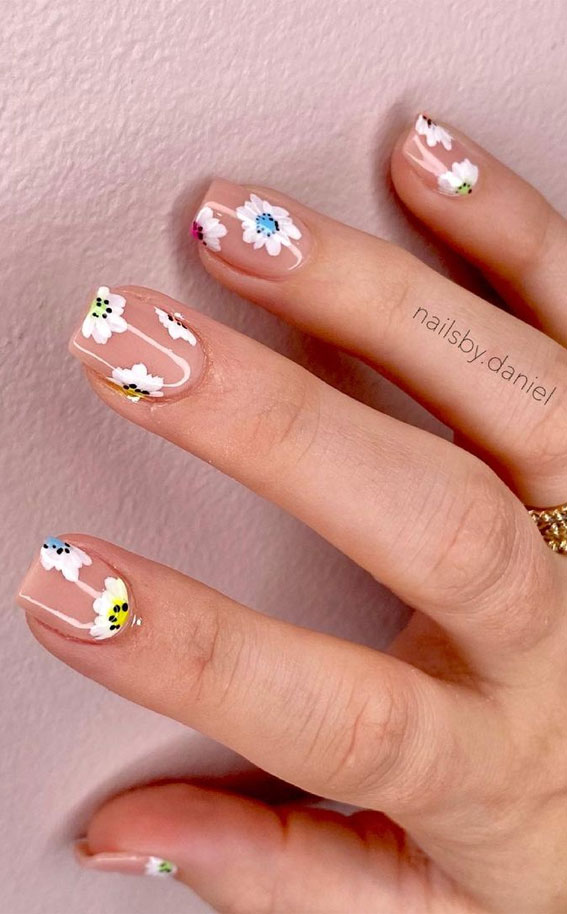 Best Summer Nails 2021 To Rock Your Look : Floral Glossy Nude Short Nails