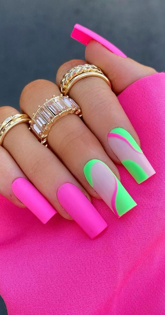 Best Summer Nails 2021 To Rock Your Look : Green & Pink Neon Nails