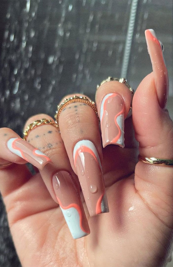 colorful wave coffin nude nails, colorful summer nails, summer nail art, summer nail colors 2021, summer nails 2021 coffin, bright summer nails 2021, itakeyouwedding, short summer nails 2021, summer nails 2021, summer nail trends 2021, summer nail designs 2021, summer acrylic nails 2021 #nailart #nailcolors