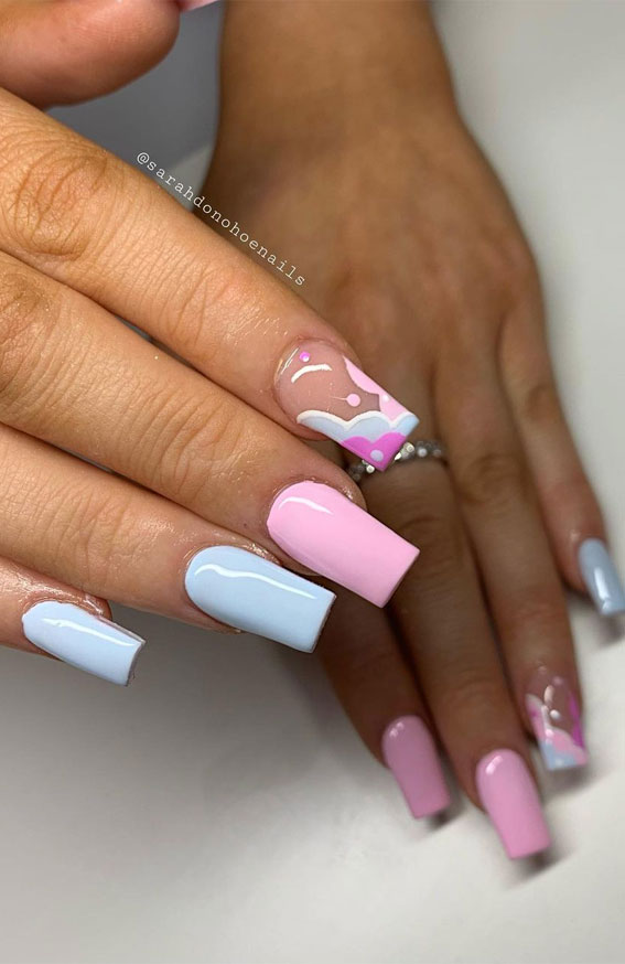 Best Summer Nails 2021 To Rock Your Look : Light Blue and Pink Nails