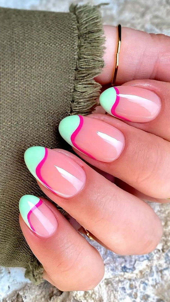 Best Summer Nails 2021 To Rock Your Look : Mint Green & Hot Pink Tip Nails