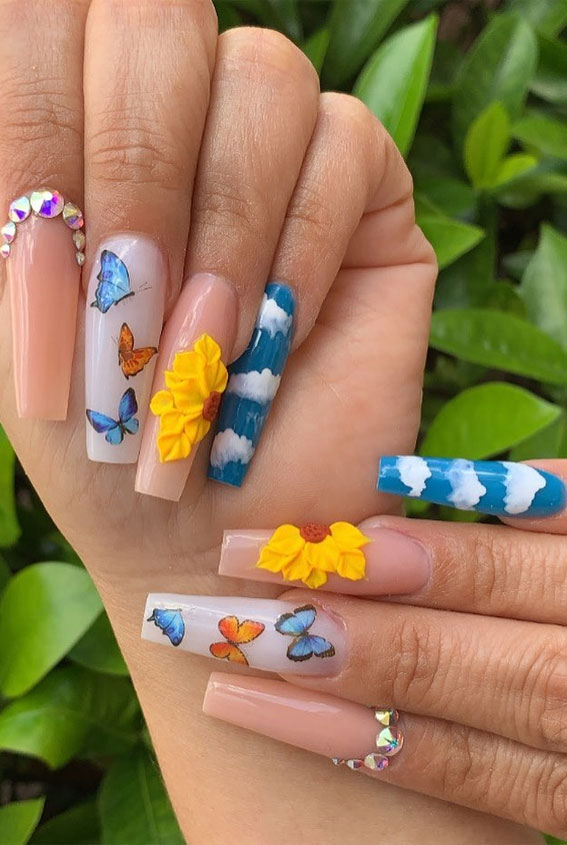 Best Summer Nails 2021 To Rock Your Look : Butterfly, Cloud & Sunflower Nails