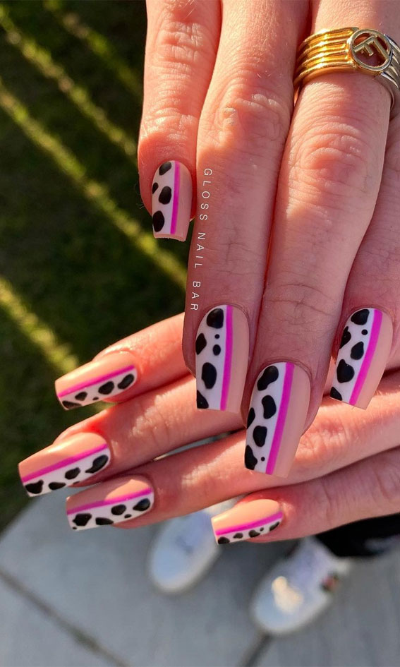 Best Summer Nails 2021 To Rock Your Look : Cow Print & Hot Pink