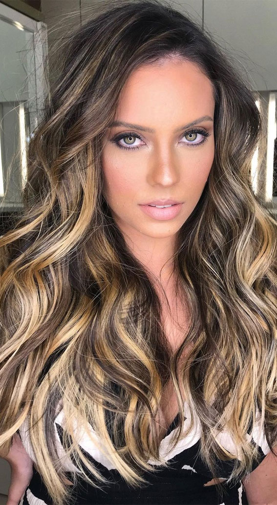 Best Brown Hair Colour Ideas with Highlights and Lowlights : Honey on brown  ribbon hair
