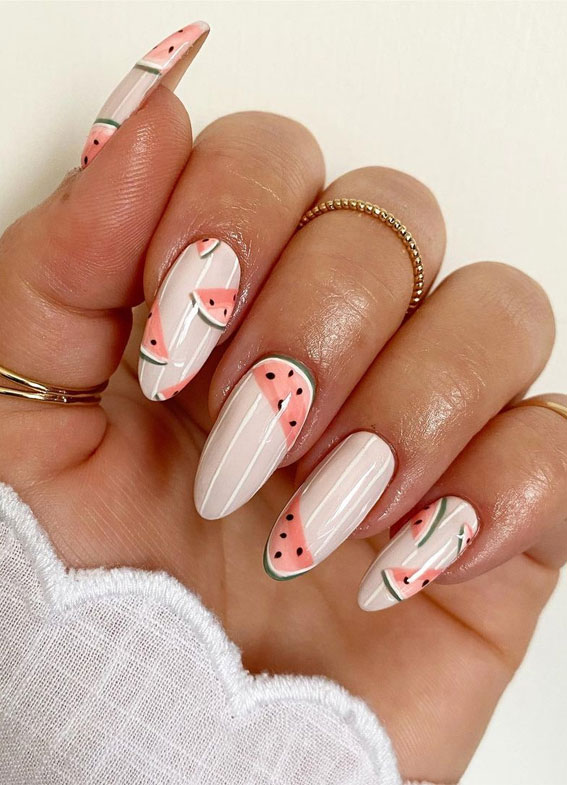 almond shaped nails, fruity nails, watermelon nails, hand painted nail art, summer nail art designs