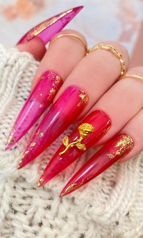 3d gold rose nails, translucent acrylic nails, red clear nails, stiletto nail art, clear pink nails with gold foil, pink translucent nails, nail art designs, sexy nail art