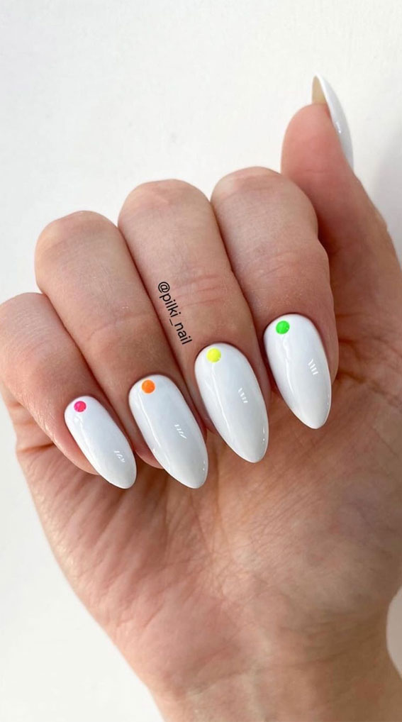 59 Summer Nail Colours and Design Inspo for 2021 : Colourful tiny dot on white nails