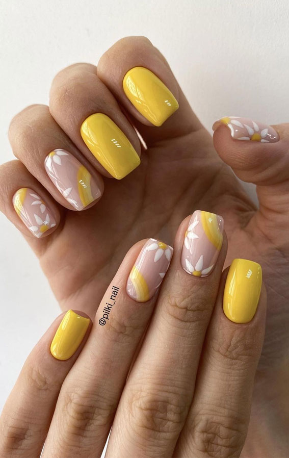 daisy nails, yellow rainbow nails, short nails designs, short nail art, yellow nail polish, summer nail art designs, summer nail designs 2021