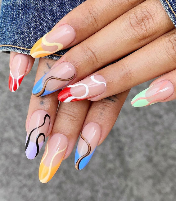 59 Summer Nail Colours and Design Inspo for 2021 : Colourful French Tip Nails with Swirl Lines