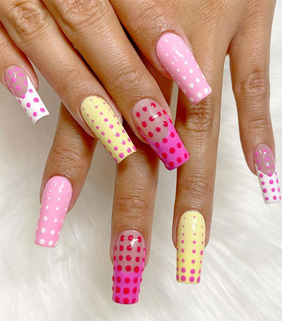 polka dot nails, long coffin nails, long nails coffin, nail art designs 2021, pink polka dot nails