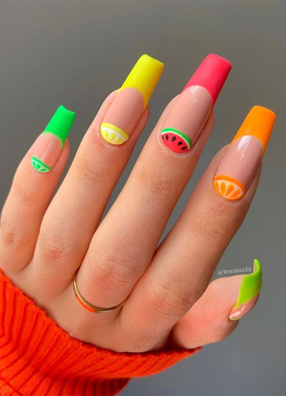 59 Summer Nail Colours and Design Inspo for 2021 : Colourful Tips & Fruity Half Moon Nails