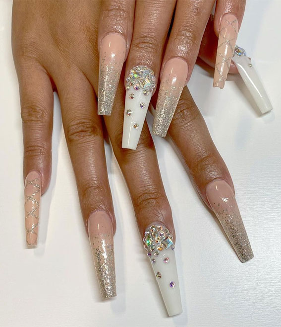 59 Summer Nail Colours and Design Inspo for 2021 : Pink Nude Gold Glitter Nails