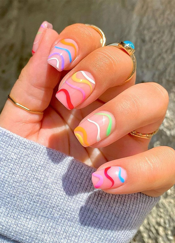 59 Summer Nail Colours and Design Inspo for 2021 : Swirl Rainbow Colour Nude Nails