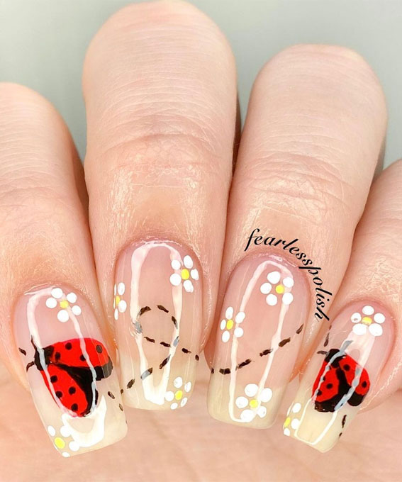 59 Summer Nail Colours and Design Inspo for 2021 : Ladybird and Flower Nails