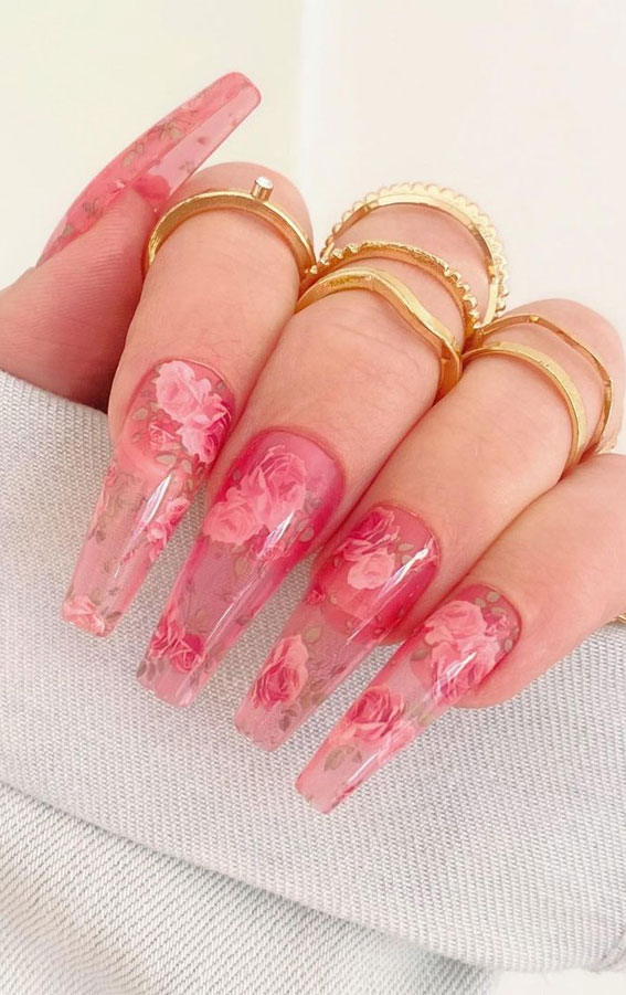 pink clear nails, acrylic nails designs, rose print nails, translucent nail art designs, clear nail art designs flowers, pretty flower nails