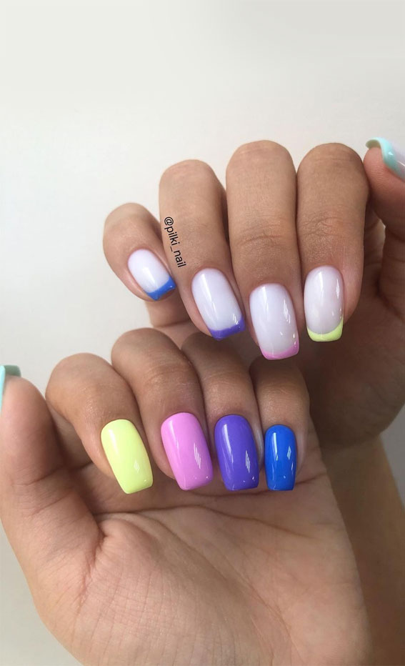 different color nail on each hand, multi-colored nails, mix and match color nails, colored french tips, white nail polish with colored tips, summer nail art designs