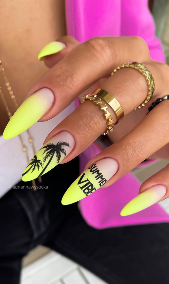 59 Summer Nail Colours and Design Inspo for 2021 : Ombre Neon Yellow Tropical Vibe Nails