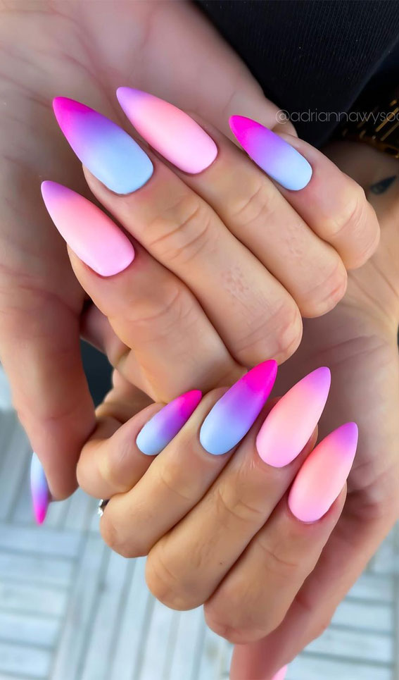 59 Summer Nail Colours and Design Inspo for 2021 : Multicolour ombre almond nails