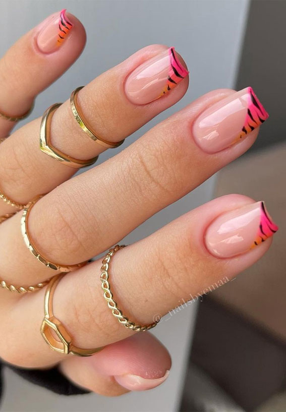 59 Summer Nail Colours and Design Inspo for 2021 : Ombre Orange & Pink Animal Print Nails
